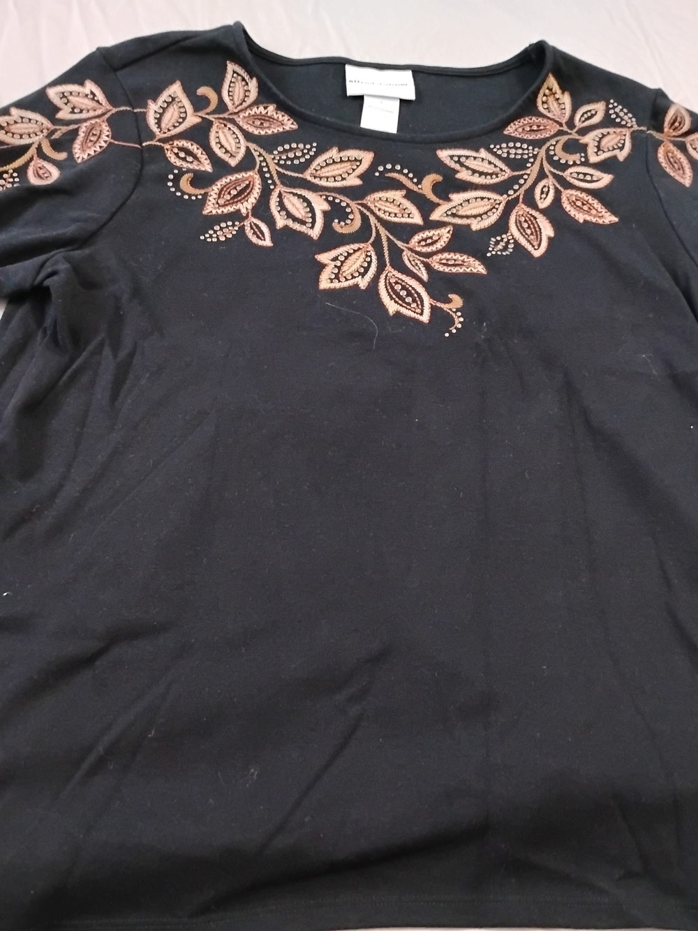 Alfred Dunner Black Long Sleeve Top with Copper Leaf Embroidery
